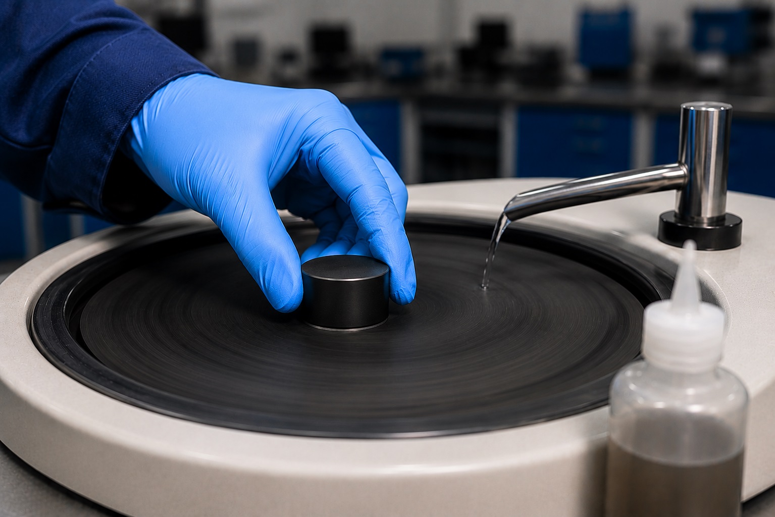Proceso de pulido de probeta metalogr&aacute;fica con pa&ntilde;o y pasta de diamante