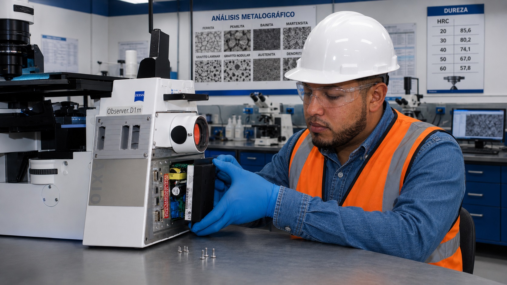 Limpieza profesional de objetivo ZEISS EC Epiplan 10x junto a microscopio Observer.D1m